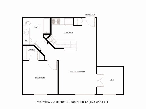 Floor plan for 1 bed, 1 bath, 849 sqft